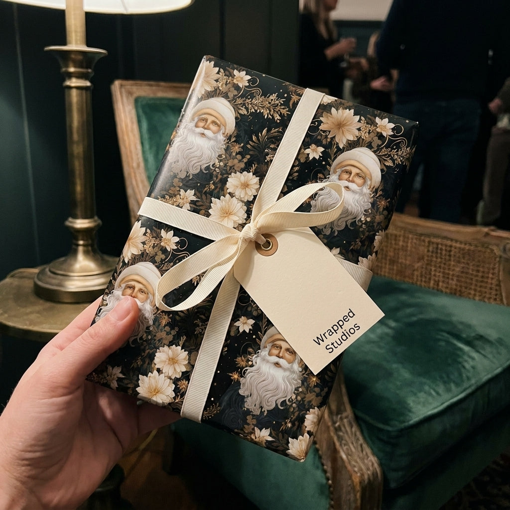 Luxury vintage Santa Claus Christmas wrapping paper with cream ribbon and tag by Wrapped Studios.