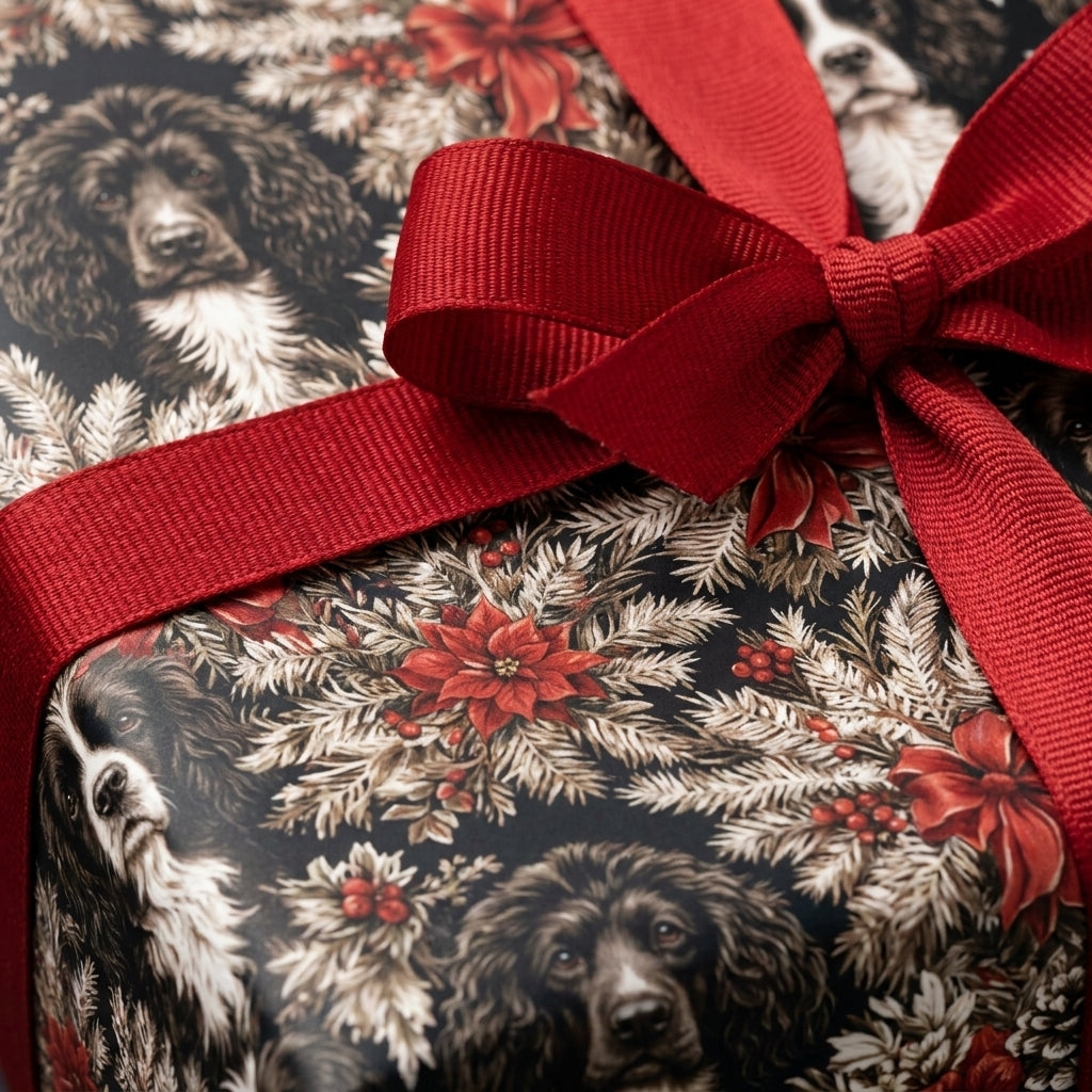 Spaniel dog Christmas wrapping paper with a festive red ribbon by Wrapped Studios.