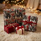 Christmas dog wrapping paper on gifts with red velvet ribbon by Wrapped Studios.