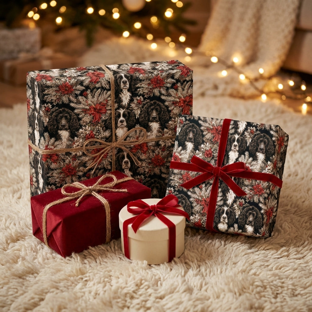 Christmas dog wrapping paper on gifts with red velvet ribbon by Wrapped Studios.