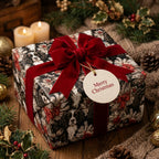 Luxury dog Christmas wrapping paper with a red velvet bow and Merry Christmas tag by Wrapped Studios.