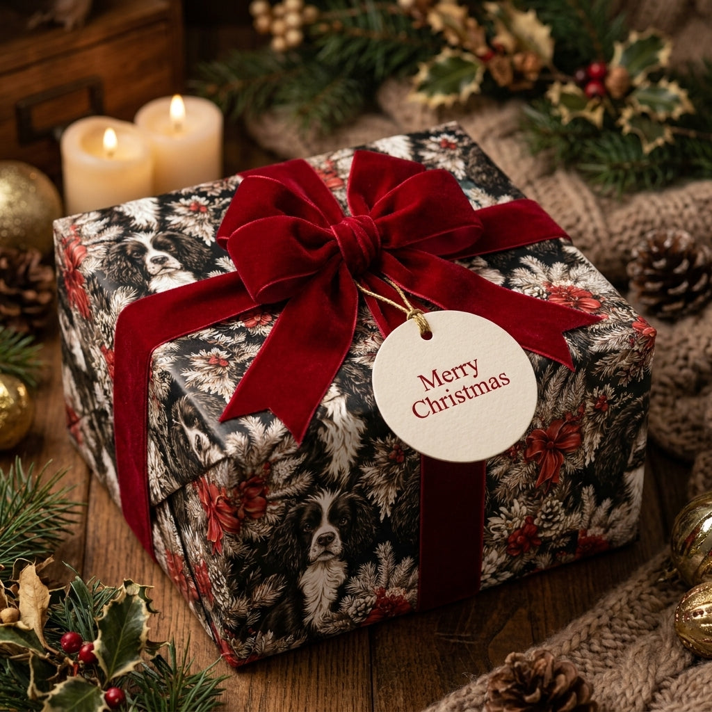 Luxury dog Christmas wrapping paper with a red velvet bow and Merry Christmas tag by Wrapped Studios.