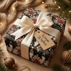 Dog Christmas wrapping paper with cream satin ribbon and Warm Wishes tag by Wrapped Studios.