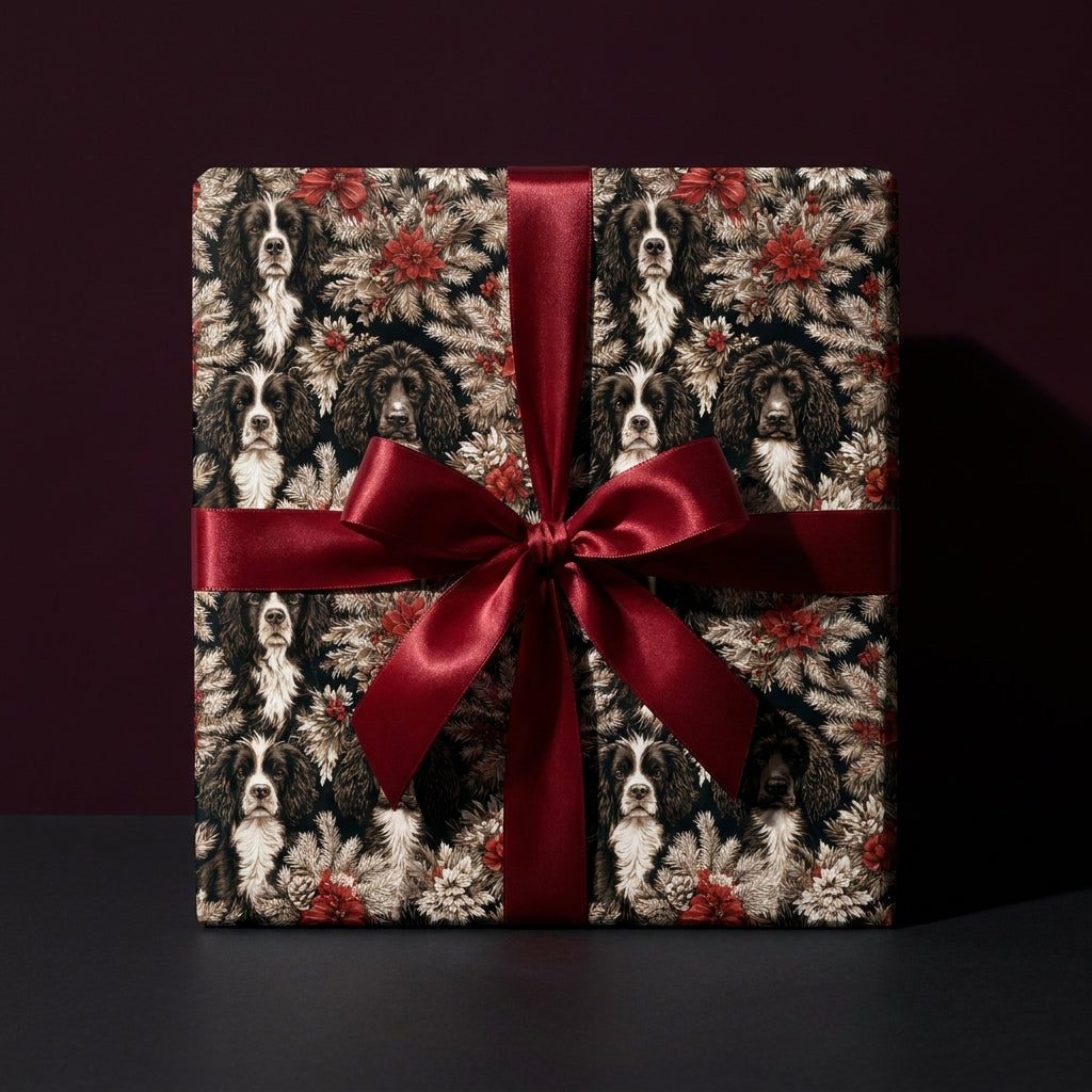 Elegant dog Christmas wrapping paper featuring spaniels and red satin ribbon by Wrapped Studios.