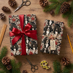 Spaniel dog Christmas wrapping paper on gifts with a red bow and twine tag by Wrapped Studios.