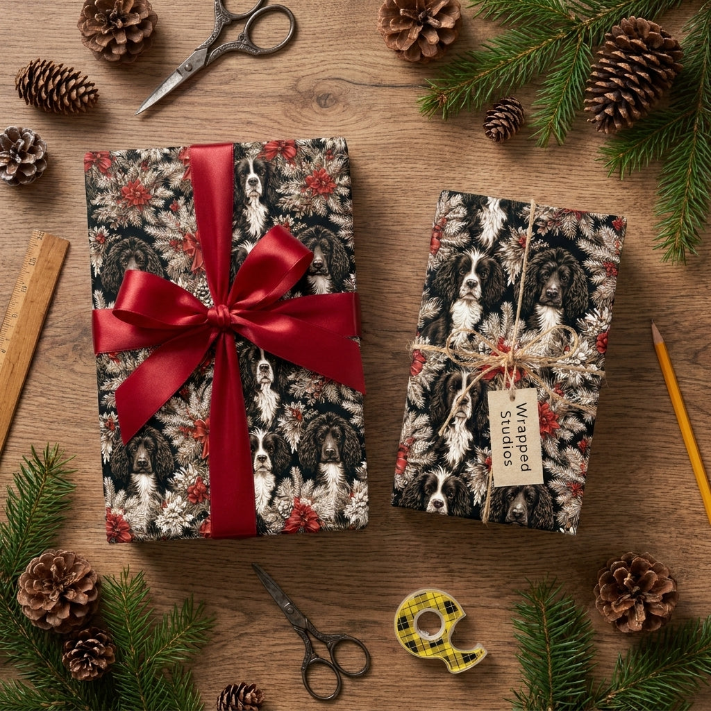 Spaniel dog Christmas wrapping paper on gifts with a red bow and twine tag by Wrapped Studios.