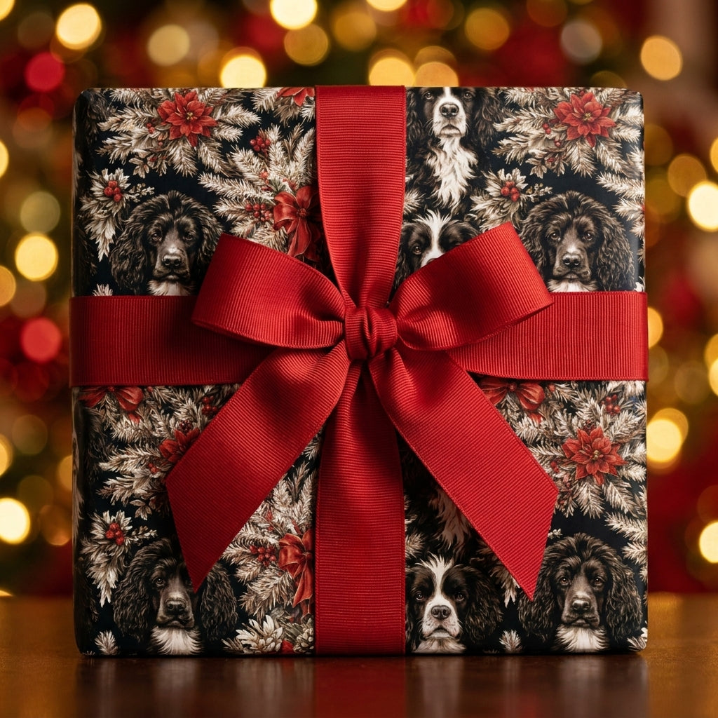 Spaniel dog Christmas wrapping paper with a red bow on festive holiday gift wrap by Wrapped Studios.