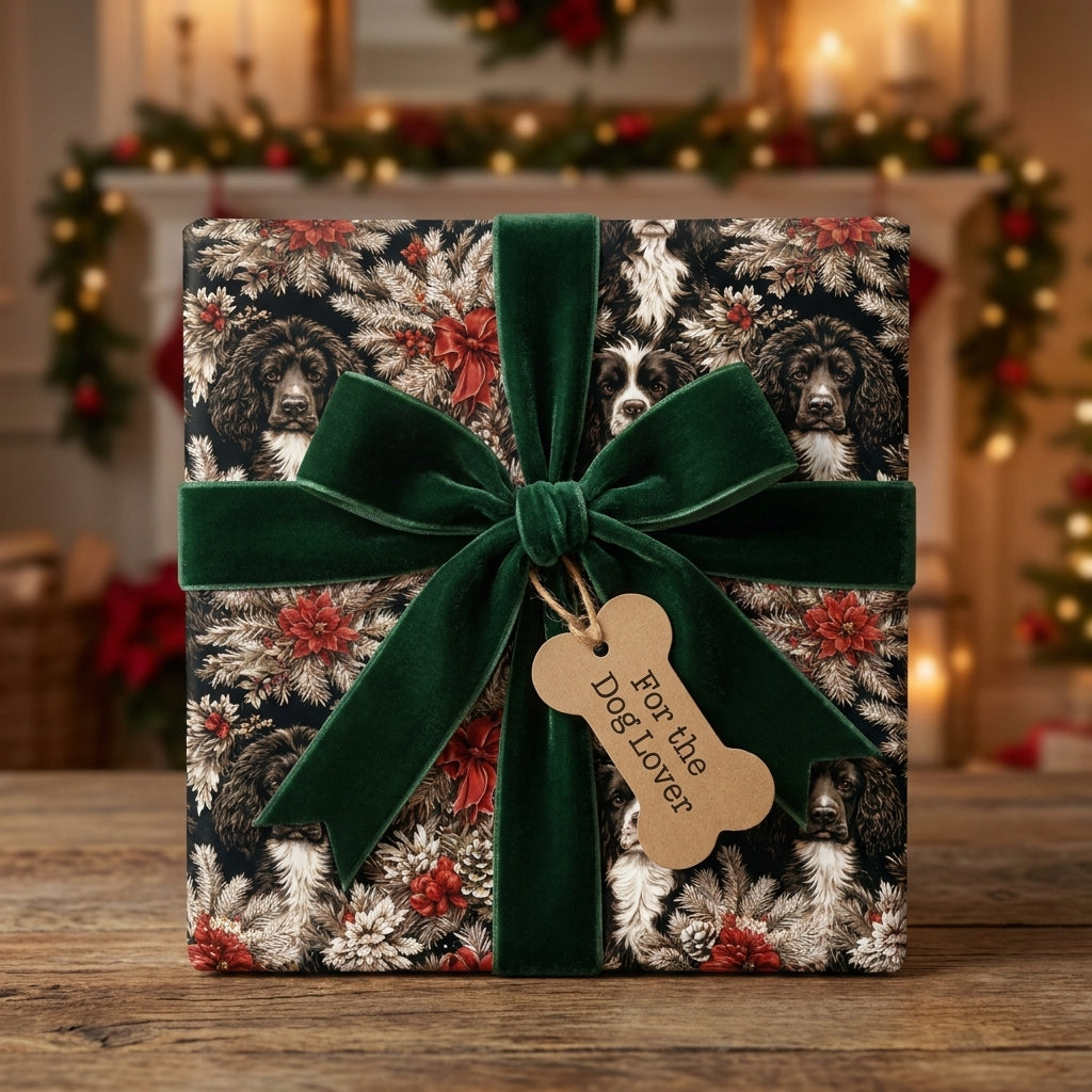 Dog Christmas wrapping paper with a green velvet bow and bone tag by Wrapped Studios.