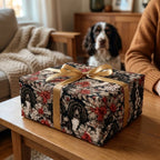 Spaniel dog Christmas wrapping paper with gold satin ribbon on a holiday gift box by Wrapped Studios.
