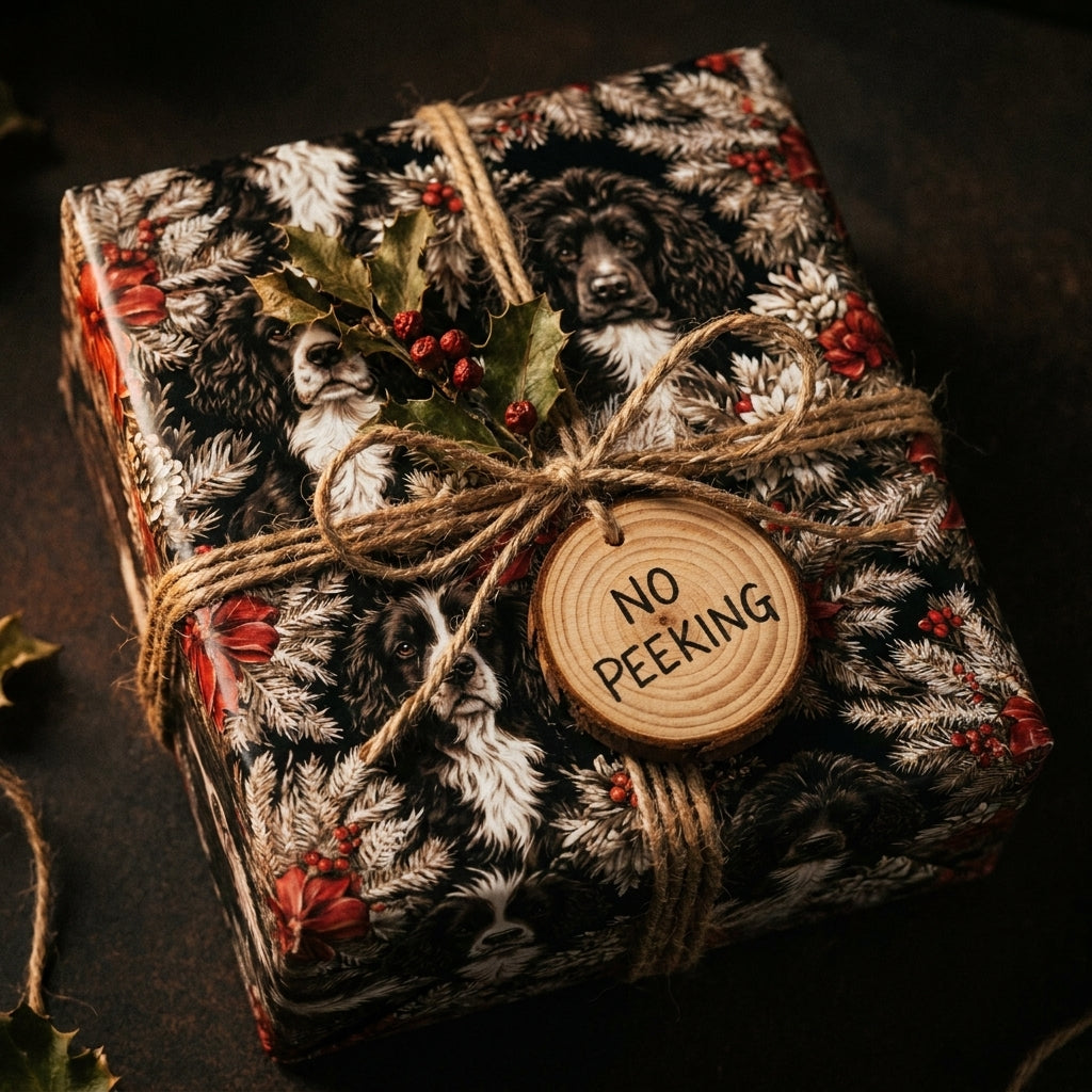 Rustic spaniel dog Christmas wrapping paper with a wooden "no peeking" tag by Wrapped Studios.