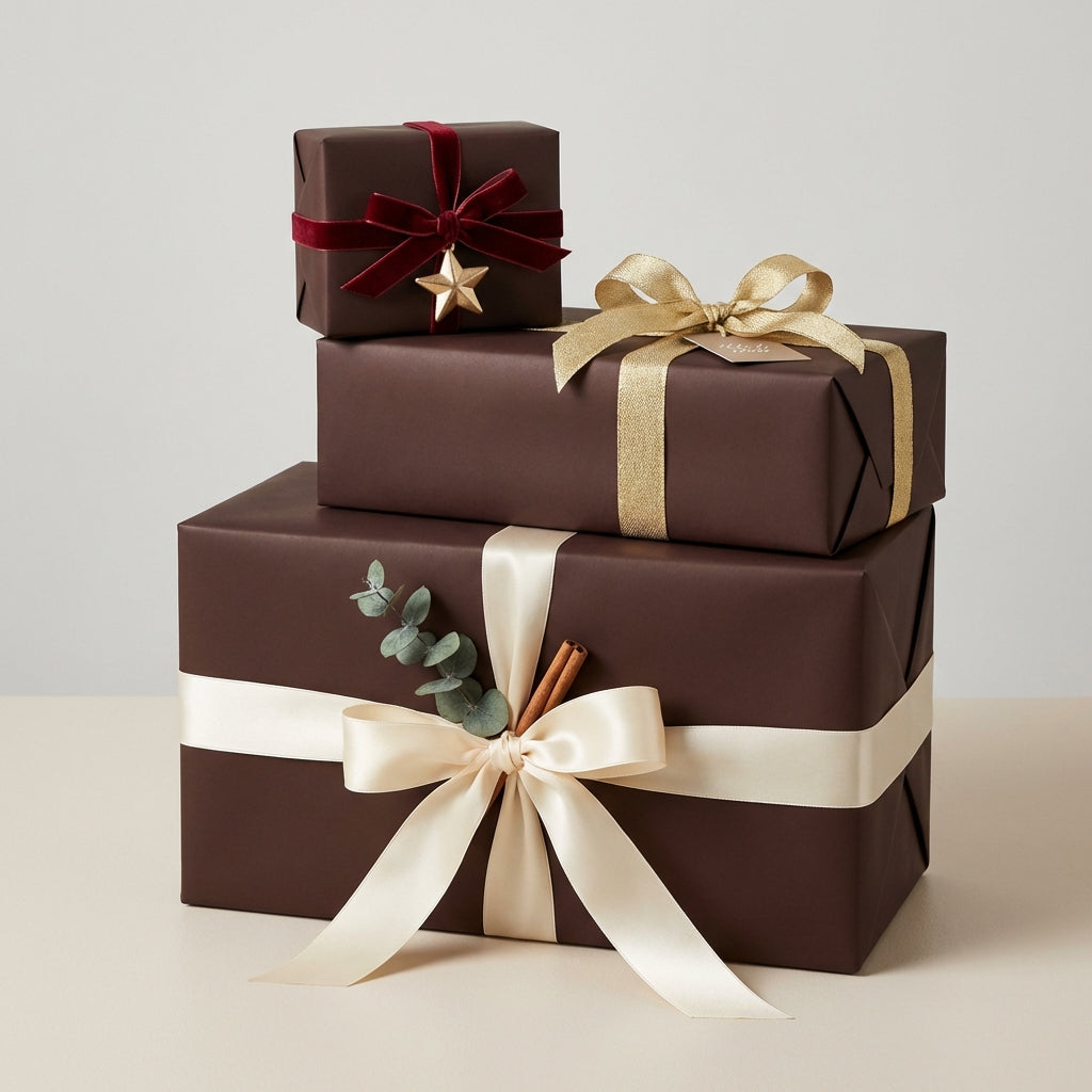Elegant stack of gifts wrapped in brown paper, adorned with velvet, satin, and gold ribbons for a luxury holiday or birthday.