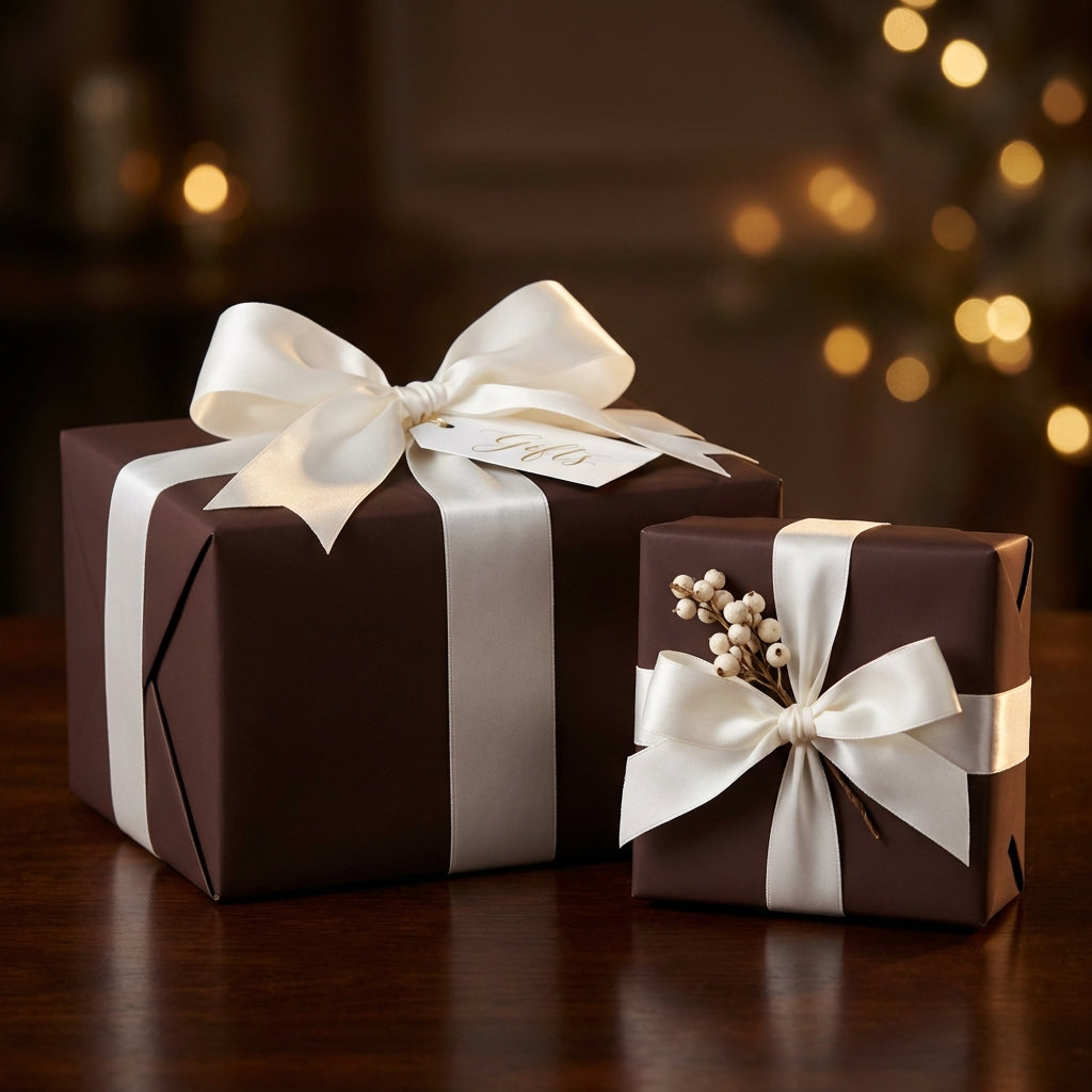 Elegant brown gift boxes wrapped with ivory satin ribbon and bows, perfect for Christmas or holiday gifts.