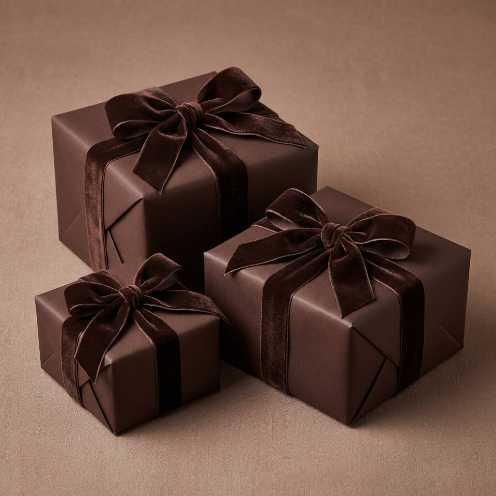 Elegant solid brown wrapping paper with velvet ribbon on square gifts for sophisticated gift-giving.