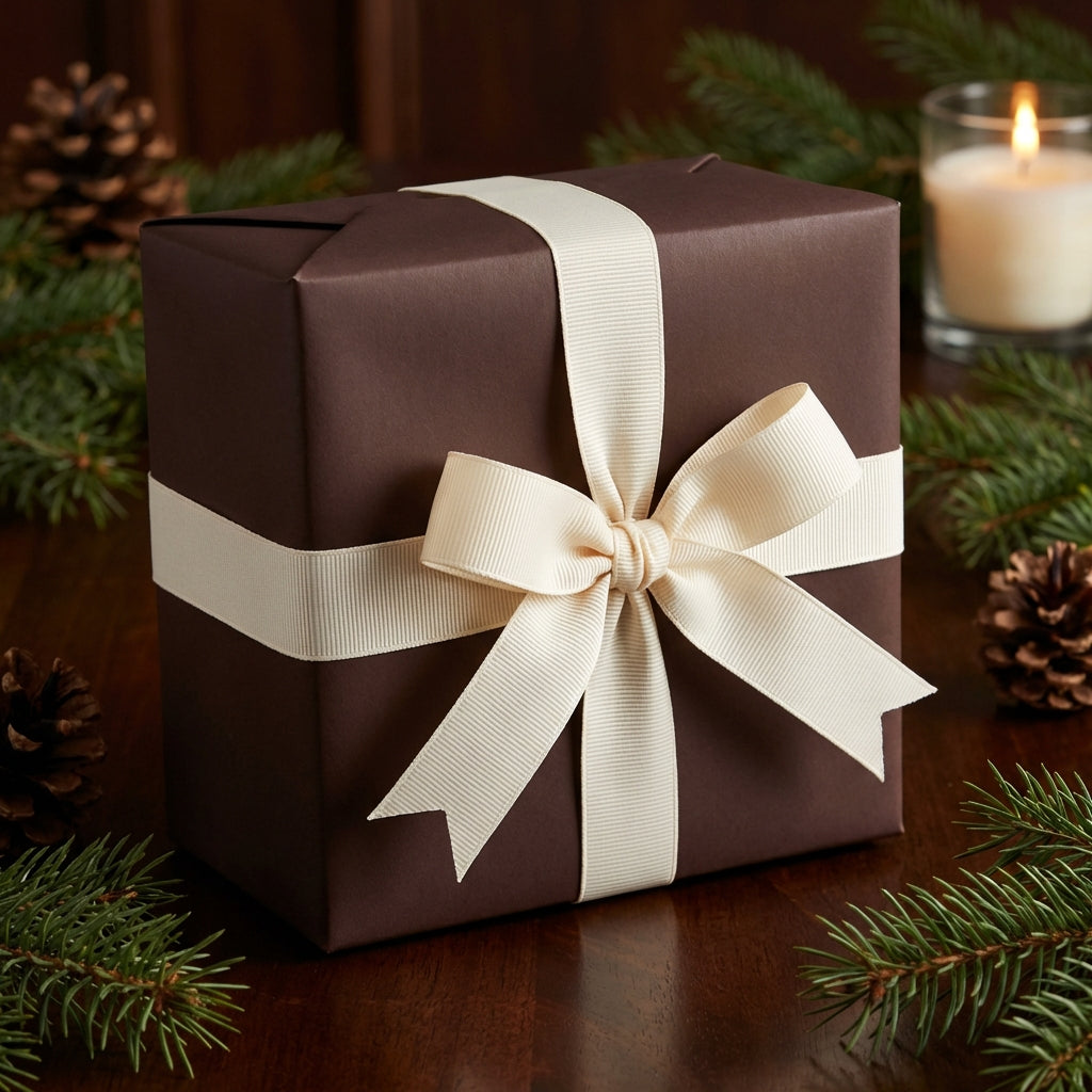 Elegant brown gift wrap with ivory ribbon, perfect for Christmas or a special occasion.