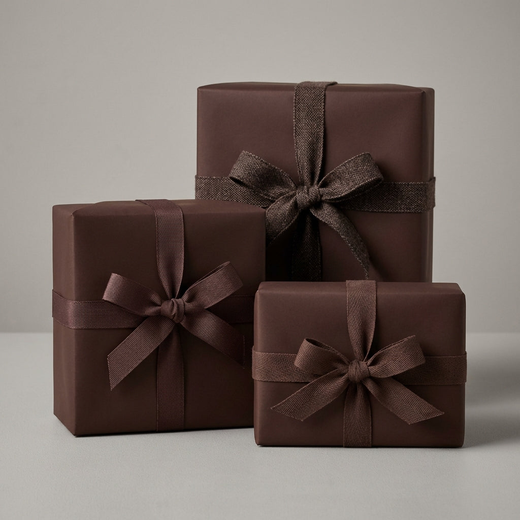 Elegant chocolate brown gift wrapping paper with ribbon & bow on square boxes.