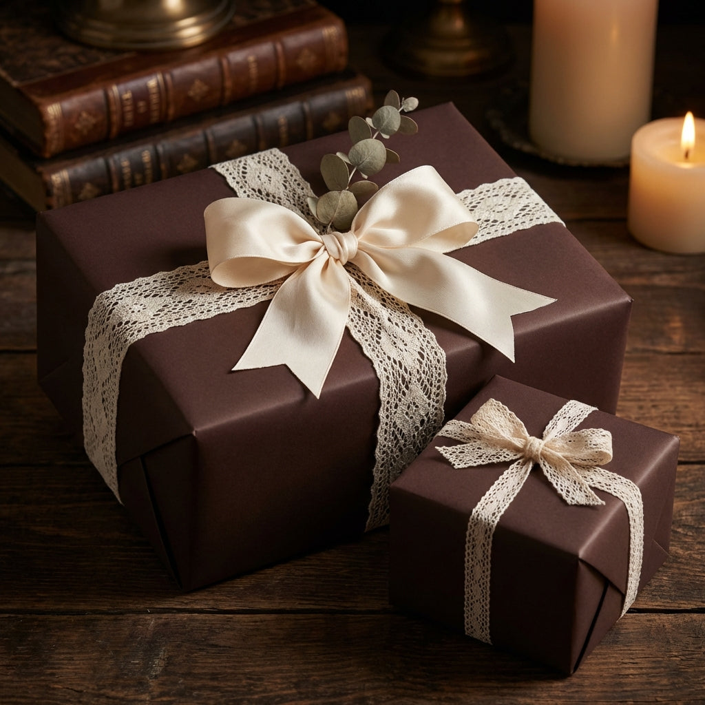 Elegant dark brown wrapping paper on gifts with cream ribbon and lace trim, on a rustic wood table.