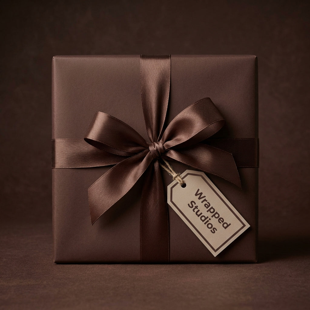 Elegant chocolate brown gift wrapped in solid color paper with matching satin ribbon bow and gift tag.