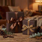 Elegant chocolate brown wrapping paper on gifts with ribbon bows for birthdays, holidays, or Christmas.