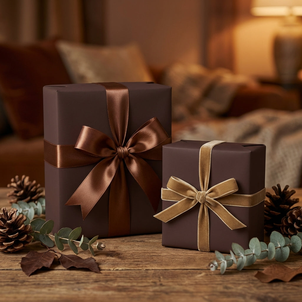 Elegant chocolate brown wrapping paper on gifts with ribbon bows for birthdays, holidays, or Christmas.