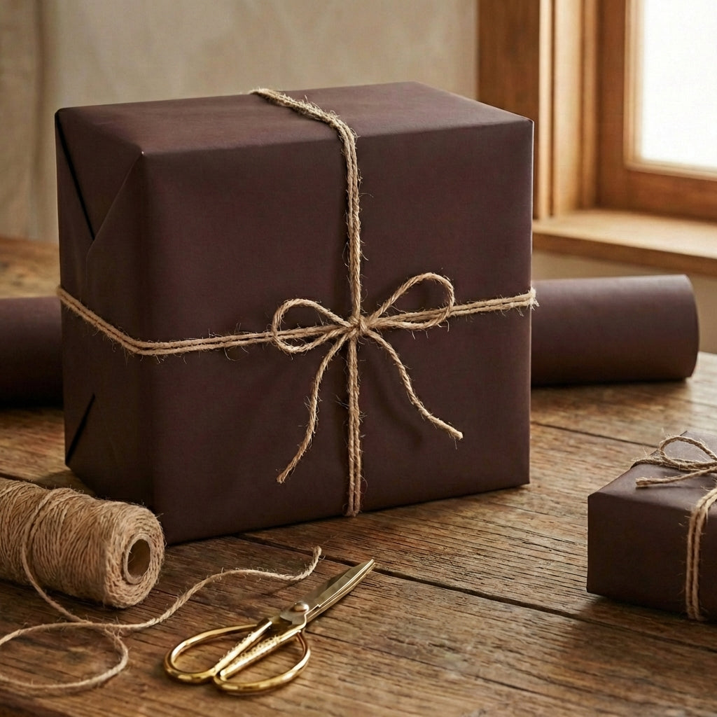 Rustic brown wrapping paper with twine bow on a gift box for birthdays or holidays.