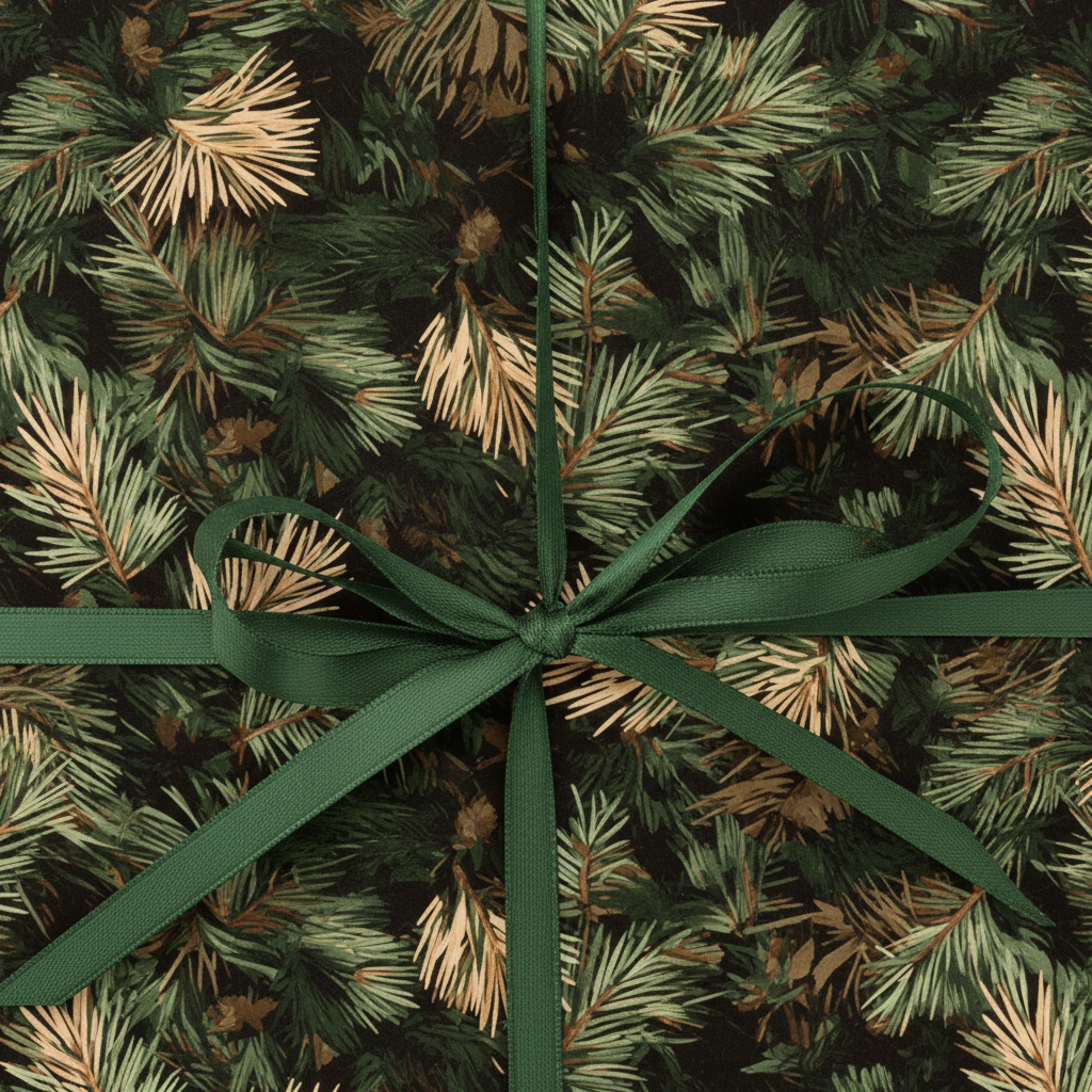 Close-up of a gift wrapped in botanical Christmas wrapping paper with a green ribbon bow.
