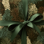 Close-up of a gift wrapped in dark green Christmas wrapping paper with a pattern of pinecones and tied with a green ribbon.
