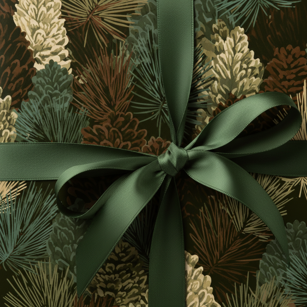 Close-up of a gift wrapped in dark green Christmas wrapping paper with a pattern of pinecones and tied with a green ribbon.