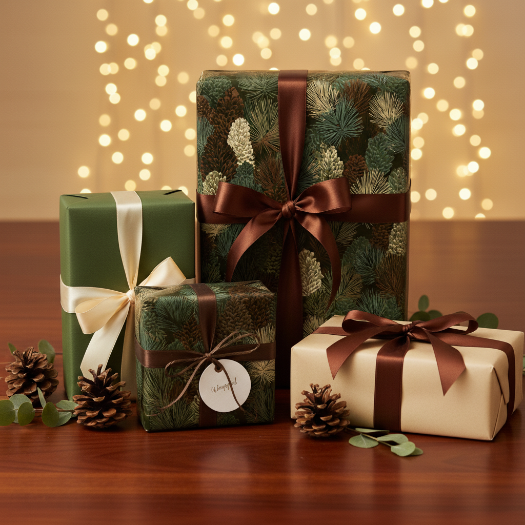 Elegant Christmas gifts wrapped in pinecone print wrapping paper with brown satin ribbons.