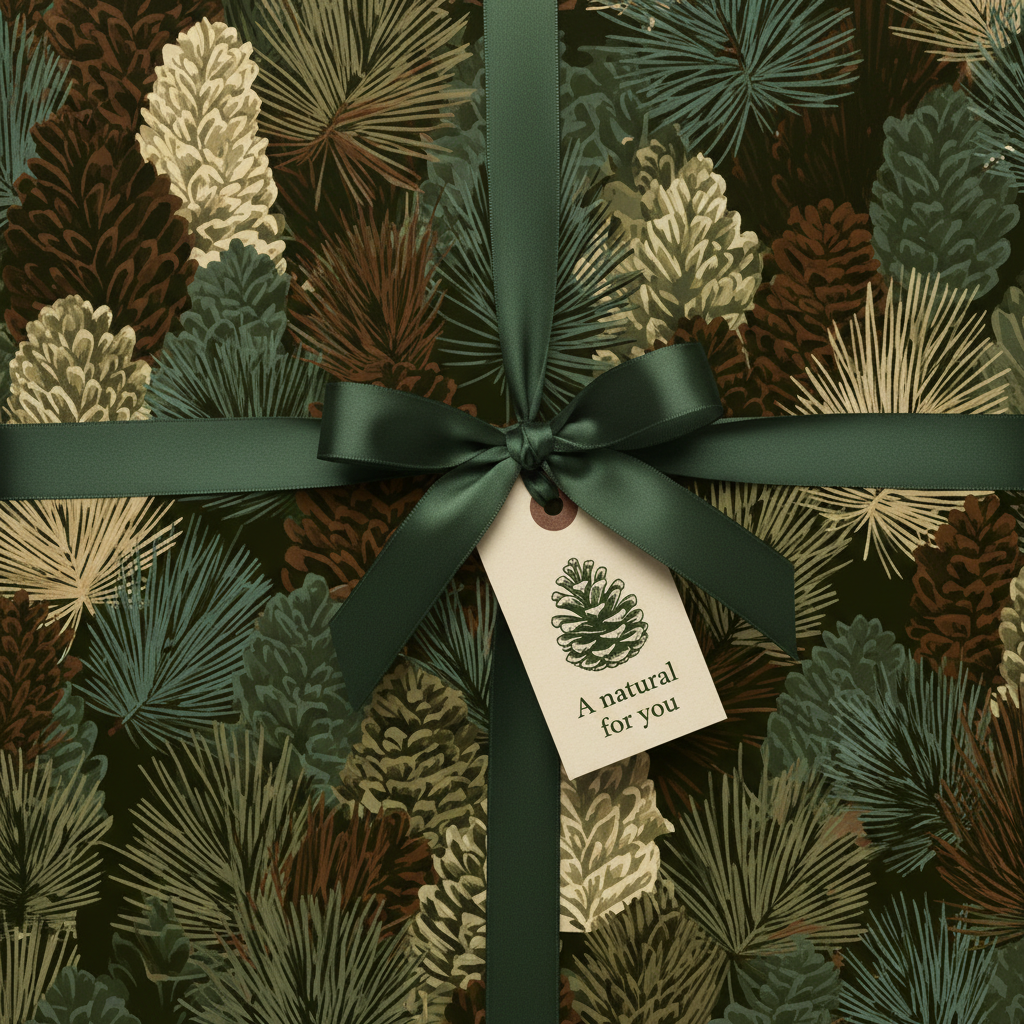 Elegant Christmas gift wrap with a pinecone pattern, dark green ribbon and tag.