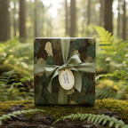 Elegant gift wrapped in pinecone print Christmas wrapping paper with a sage green satin ribbon.