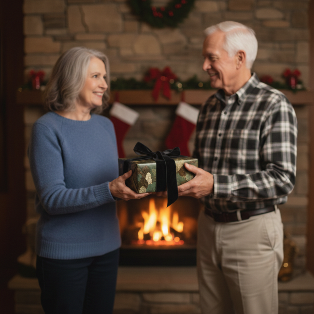 Senior couple exchanging a Christmas gift wrapped in olive green camouflage wrapping paper and tied with a black velvet ribbon.