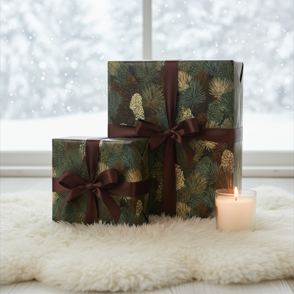 Festive gifts wrapped in pine cone Christmas gift wrap with brown ribbon, next to a lit candle.