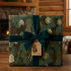 Elegant Christmas gift wrapped in pine tree print paper with a velvet emerald bow and "Dad" tag.