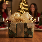 Elegant Christmas gift with gold ribbon and pine tree wrapping paper, ready for holiday giving.
