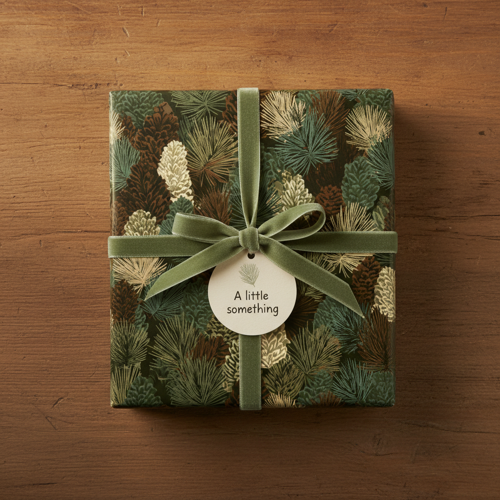 Rustic Christmas gift wrap with pinecone pattern and green velvet ribbon on a wooden table.