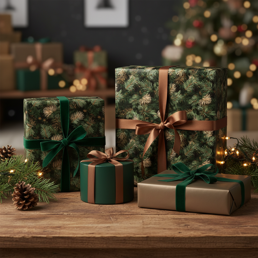 Elegant Christmas gifts wrapped in pine tree print paper with velvet and satin ribbon on wooden table.