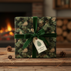 Elegant Christmas gift wrapped in botanical print paper with green velvet ribbon and pinecone tag.