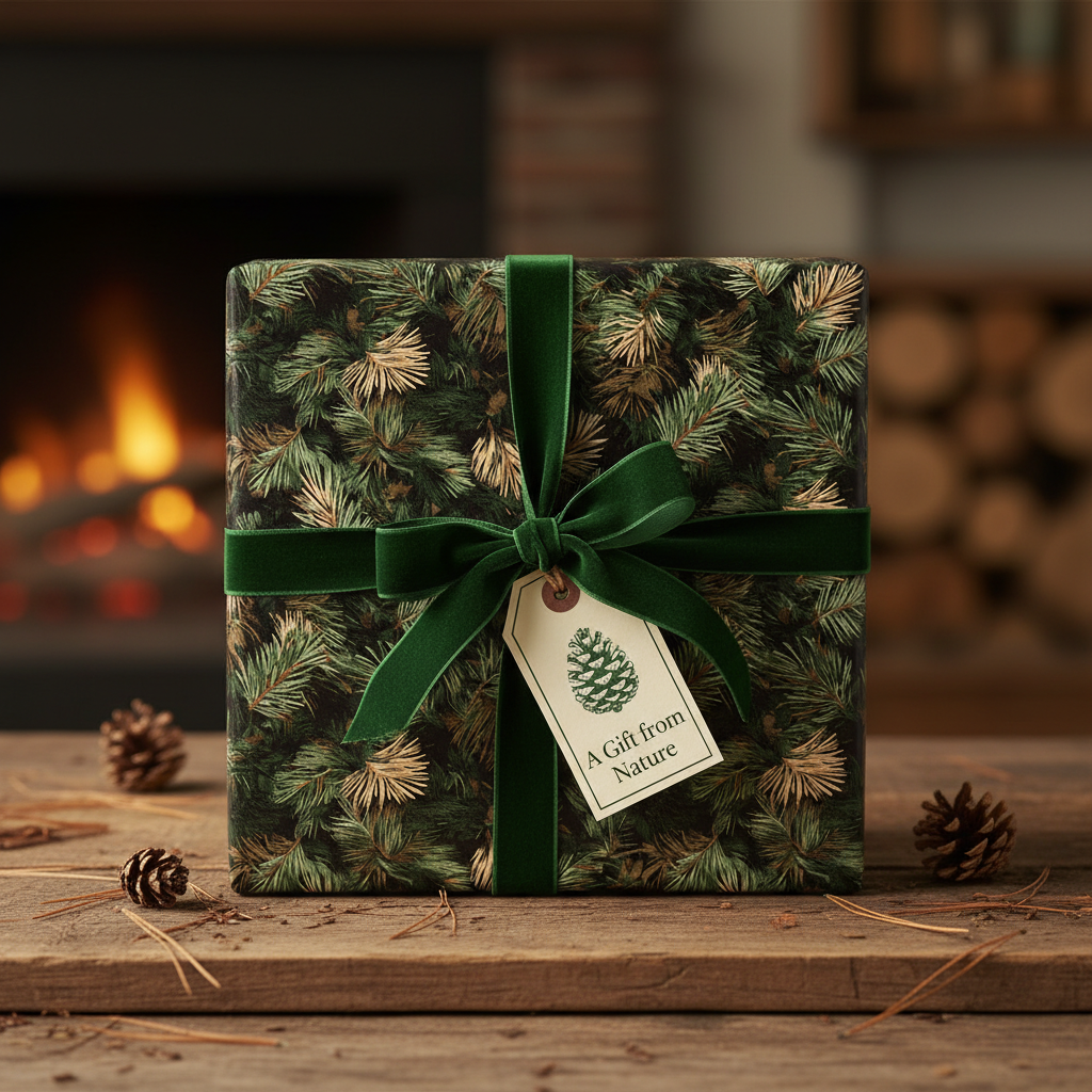 Elegant Christmas gift wrapped in botanical print paper with green velvet ribbon and pinecone tag.