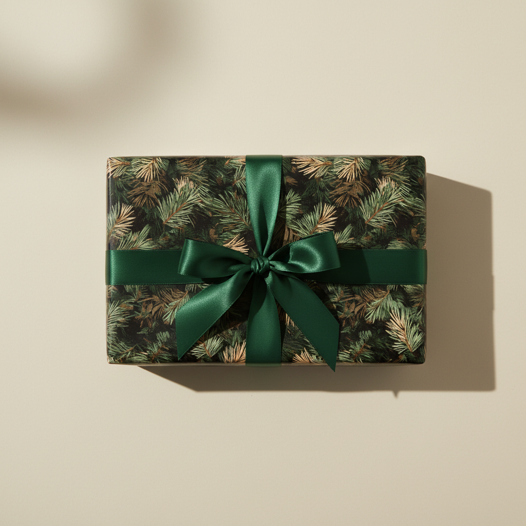 Rectangular gift wrapped in green pine needle Christmas wrapping paper with satin ribbon.