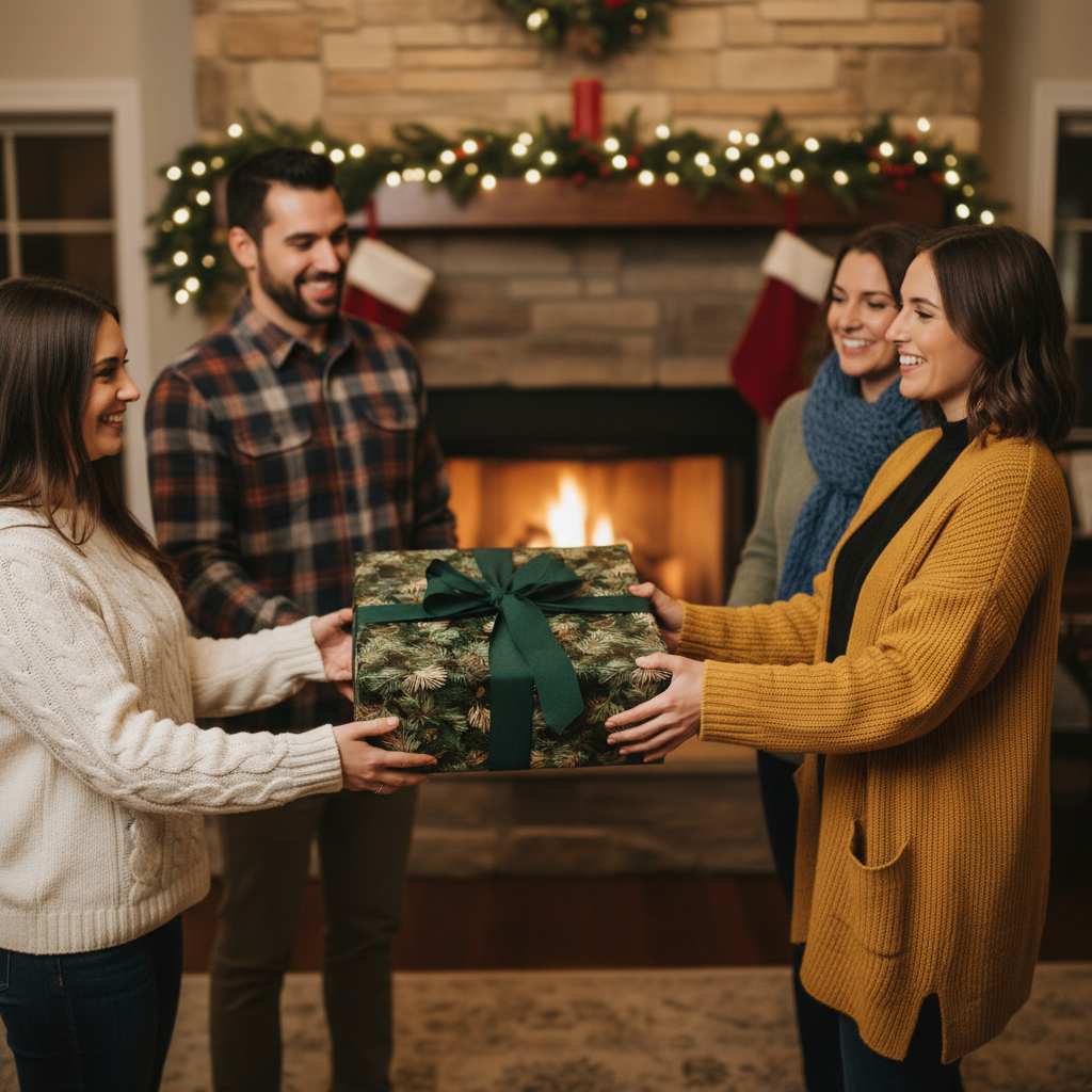 People exchanging Christmas gifts wrapped in green floral wrapping paper with a dark green ribbon, near a fireplace.