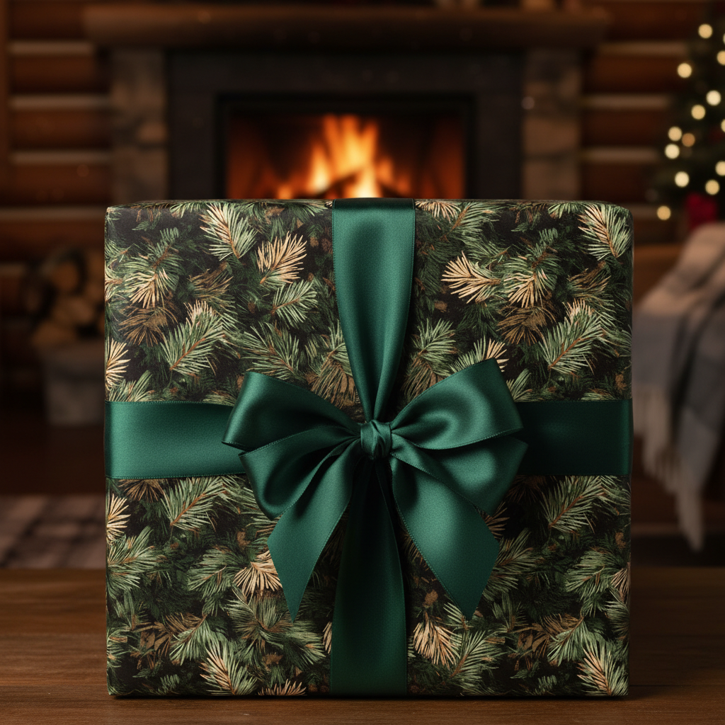 Christmas gift wrapped in festive evergreen print paper with a satin green bow, cozy fireplace background.