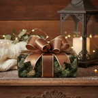 Gift wrapped in pine tree Christmas wrapping paper with a gold ribbon and rustic holiday decor.