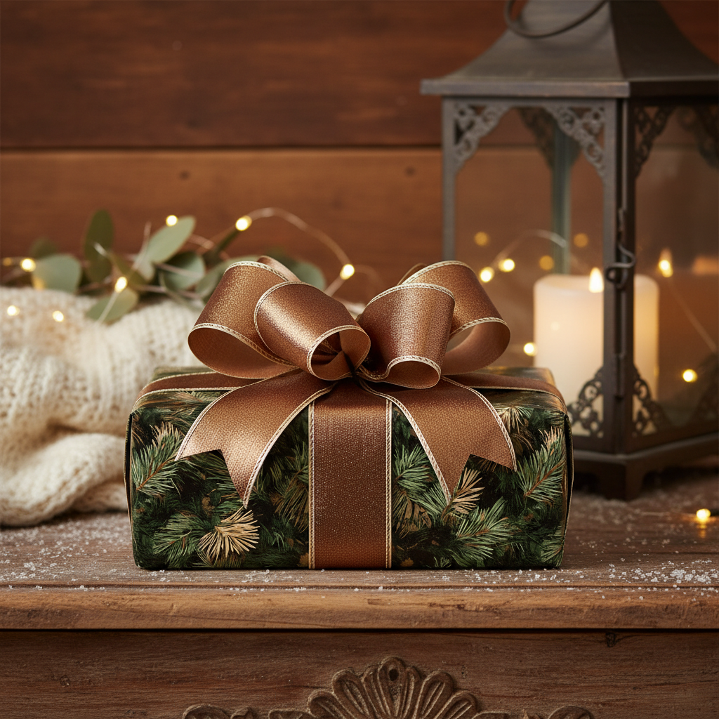 Gift wrapped in pine tree Christmas wrapping paper with a gold ribbon and rustic holiday decor.