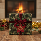 Square gift wrapped in pine tree print Christmas gift wrap, tied with a velvet ribbon and star-shaped tag.