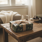 Elegant Christmas gift wrapped in dark green paper with a pine needle design and burlap ribbon.