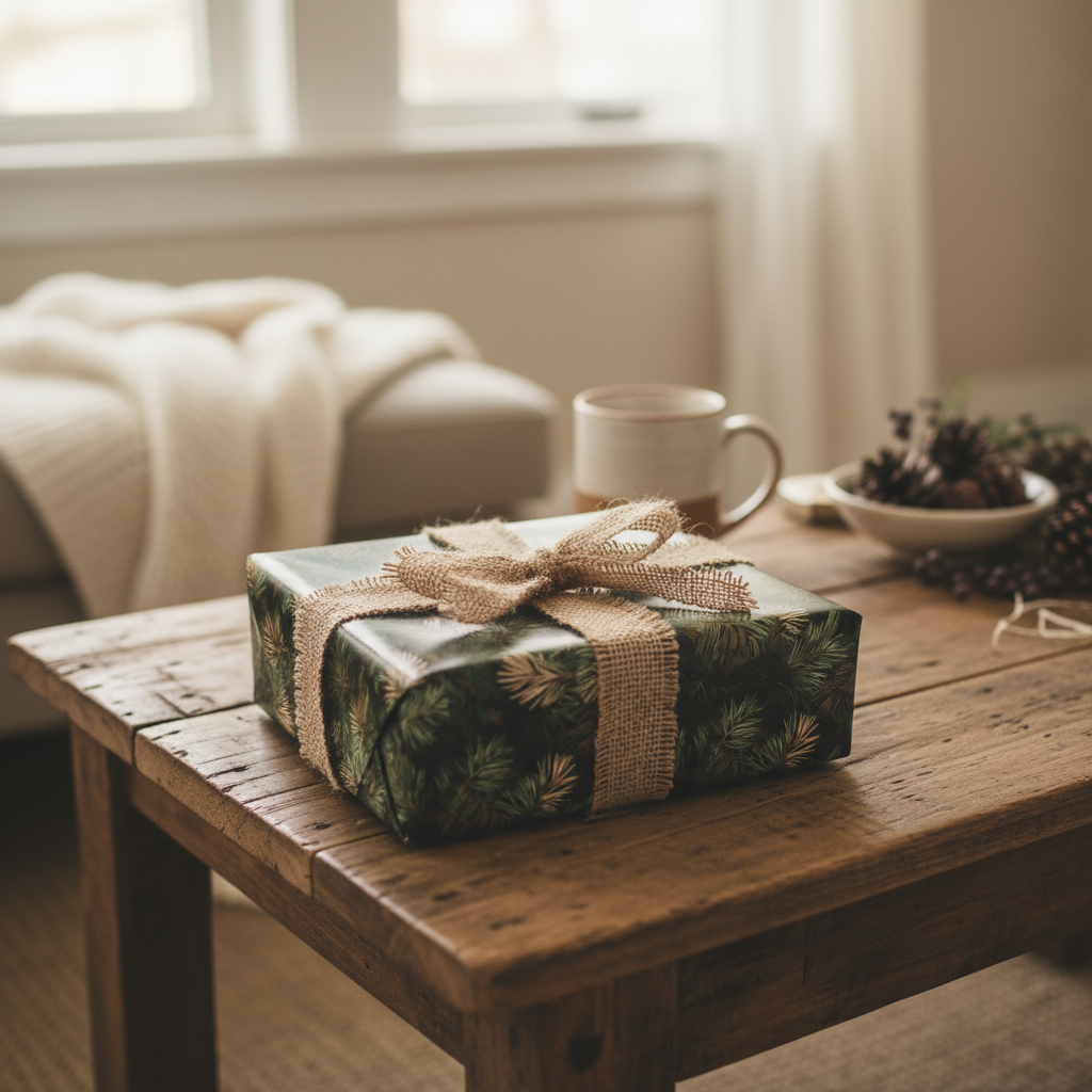 Elegant Christmas gift wrapped in dark green paper with a pine needle design and burlap ribbon.