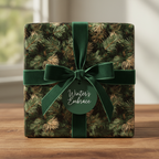 Christmas gift wrapped in green pine branch print paper with velvet ribbon and "Winter's Embrace" tag.