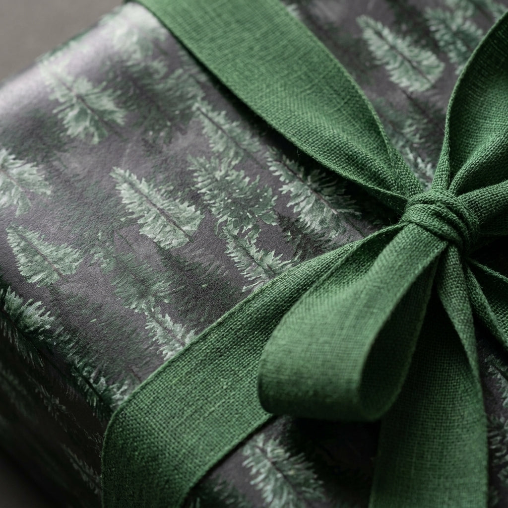 Rustic pine tree Christmas wrapping paper with a green linen ribbon by Wrapped Studios.