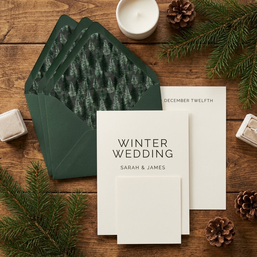 Rustic winter wedding invitation with pine tree envelope liners by Wrapped Studios on a wooden table.