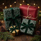 Luxury Christmas gift wrap with green pine tree patterns and velvet ribbons by Wrapped Studios.